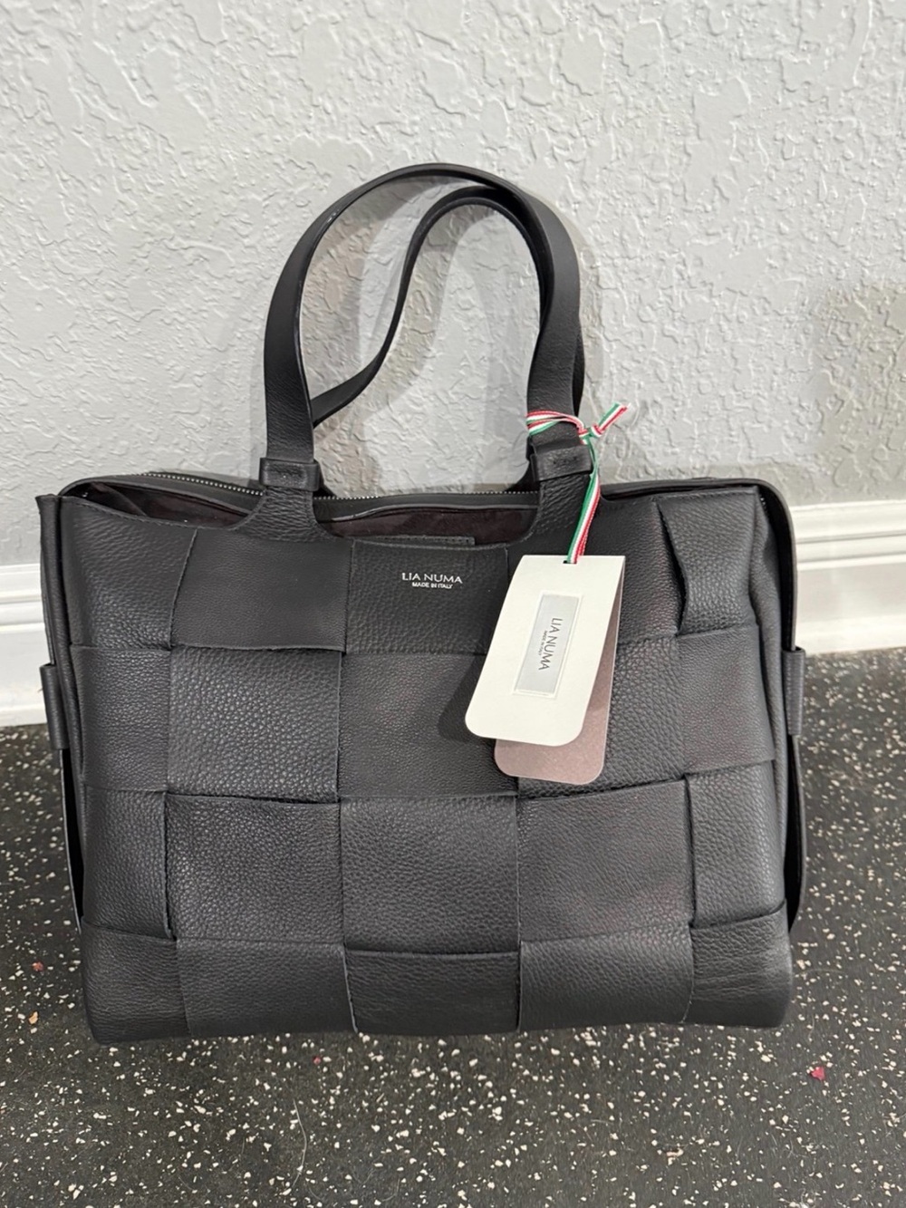 Lia Numa Italy Black Leather Woven Bag NWT